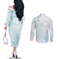 Turquoise Kuki Airani Tapakau Couples Matching Off The Shoulder Long Sleeve Dress and Long Sleeve Button Shirt Tribal Anchor Mix Tiare LT7 - Polynesian Pride