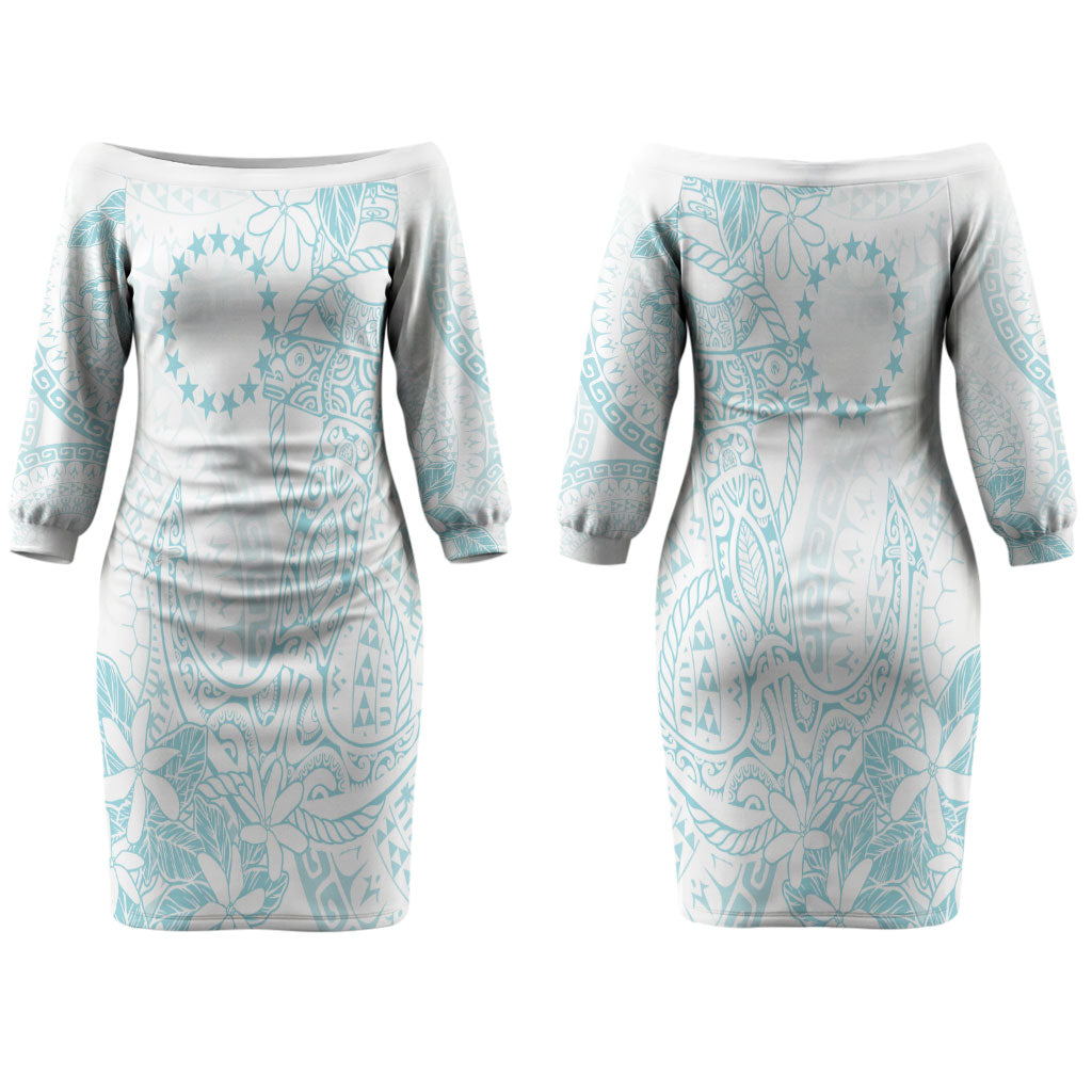 Turquoise Kuki Airani Tapakau Couples Matching Off The Shoulder Long Sleeve Dress and Long Sleeve Button Shirt Tribal Anchor Mix Tiare LT7 - Polynesian Pride