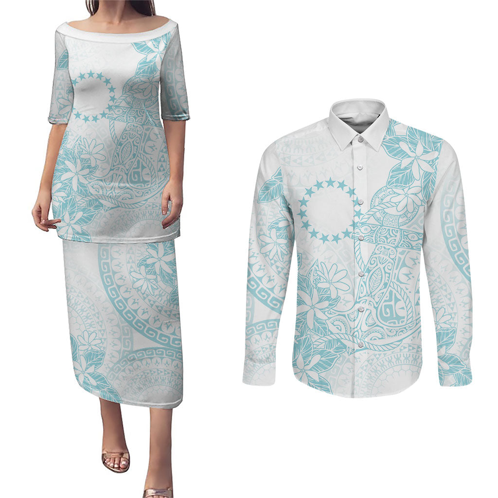 Turquoise Kuki Airani Tapakau Couples Matching Puletasi and Long Sleeve Button Shirt Tribal Anchor Mix Tiare