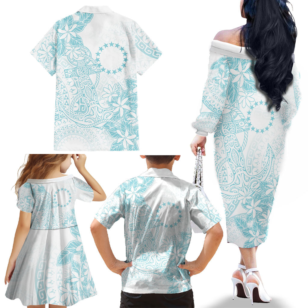 Turquoise Kuki Airani Tapakau Family Matching Off The Shoulder Long Sleeve Dress and Hawaiian Shirt Tribal Anchor Mix Tiare LT7 - Polynesian Pride