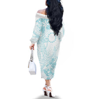 Turquoise Kuki Airani Tapakau Family Matching Off The Shoulder Long Sleeve Dress and Hawaiian Shirt Tribal Anchor Mix Tiare LT7 - Polynesian Pride