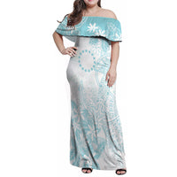 Turquoise Kuki Airani Tapakau Family Matching Off Shoulder Maxi Dress and Hawaiian Shirt Tribal Anchor Mix Tiare LT7 Mom's Dress Turquoise - Polynesian Pride