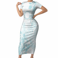 Turquoise Kuki Airani Tapakau Short Sleeve Bodycon Dress Tribal Anchor Mix Tiare LT7 Long Dress Turquoise - Polynesian Pride