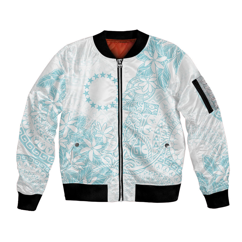 Turquoise Kuki Airani Tapakau Sleeve Zip Bomber Jacket Tribal Anchor Mix Tiare