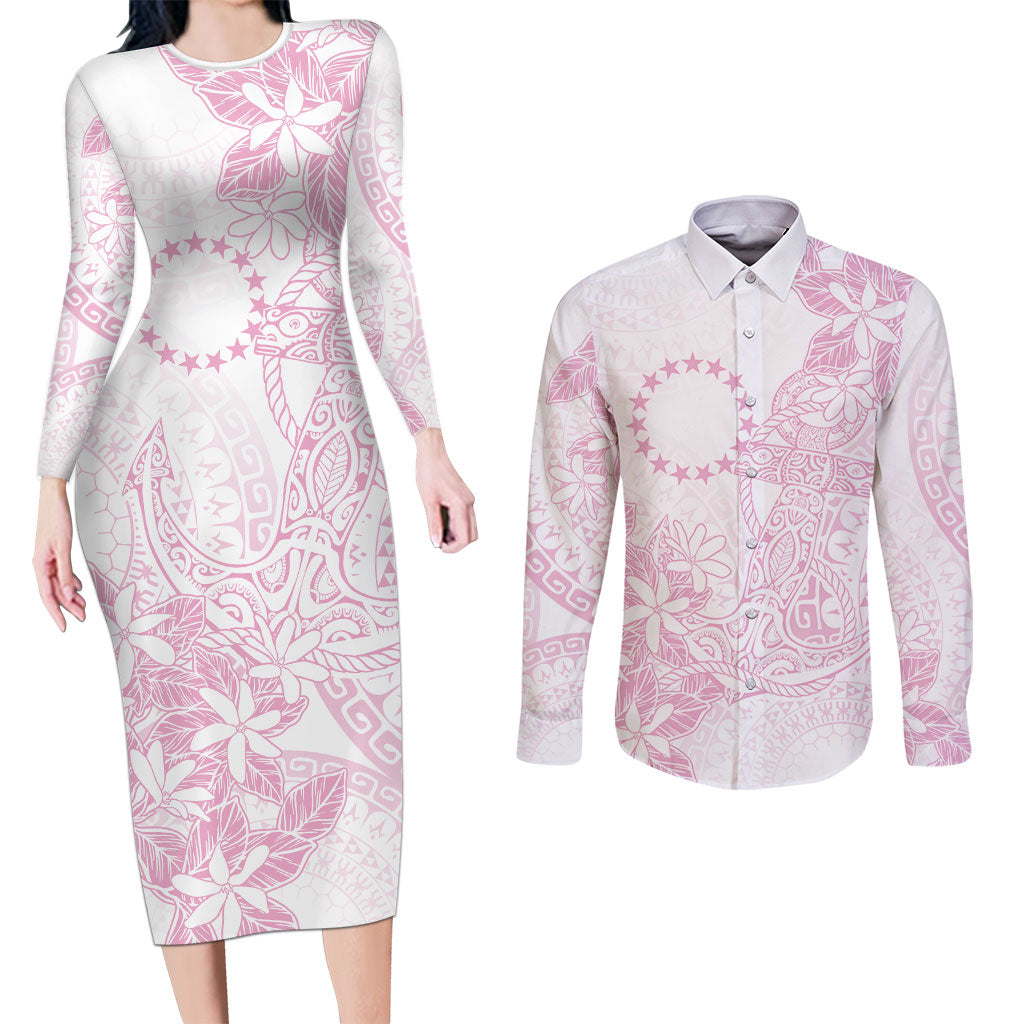 Candy Pink Kuki Airani Tapakau Couples Matching Long Sleeve Bodycon Dress and Long Sleeve Button Shirt Tribal Anchor Mix Tiare