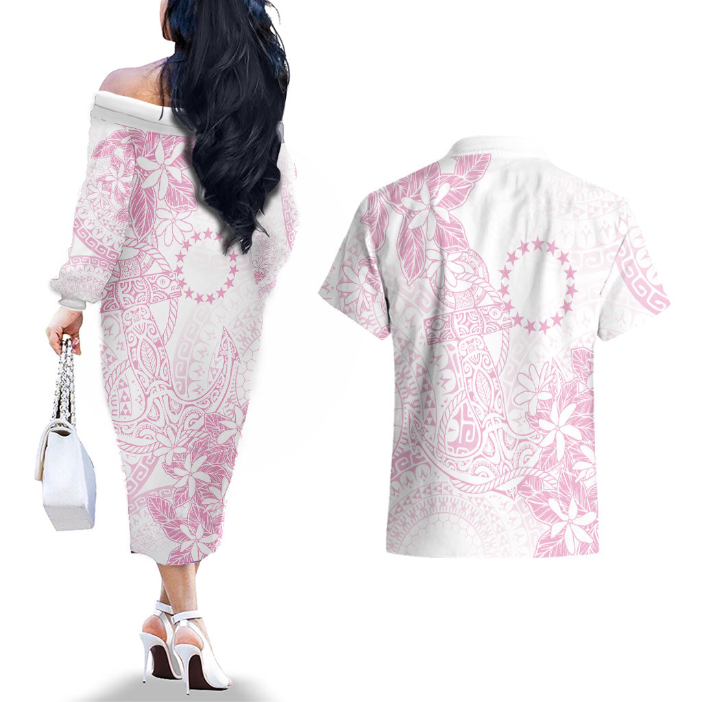 Candy Pink Kuki Airani Tapakau Couples Matching Off The Shoulder Long Sleeve Dress and Hawaiian Shirt Tribal Anchor Mix Tiare LT7 - Polynesian Pride