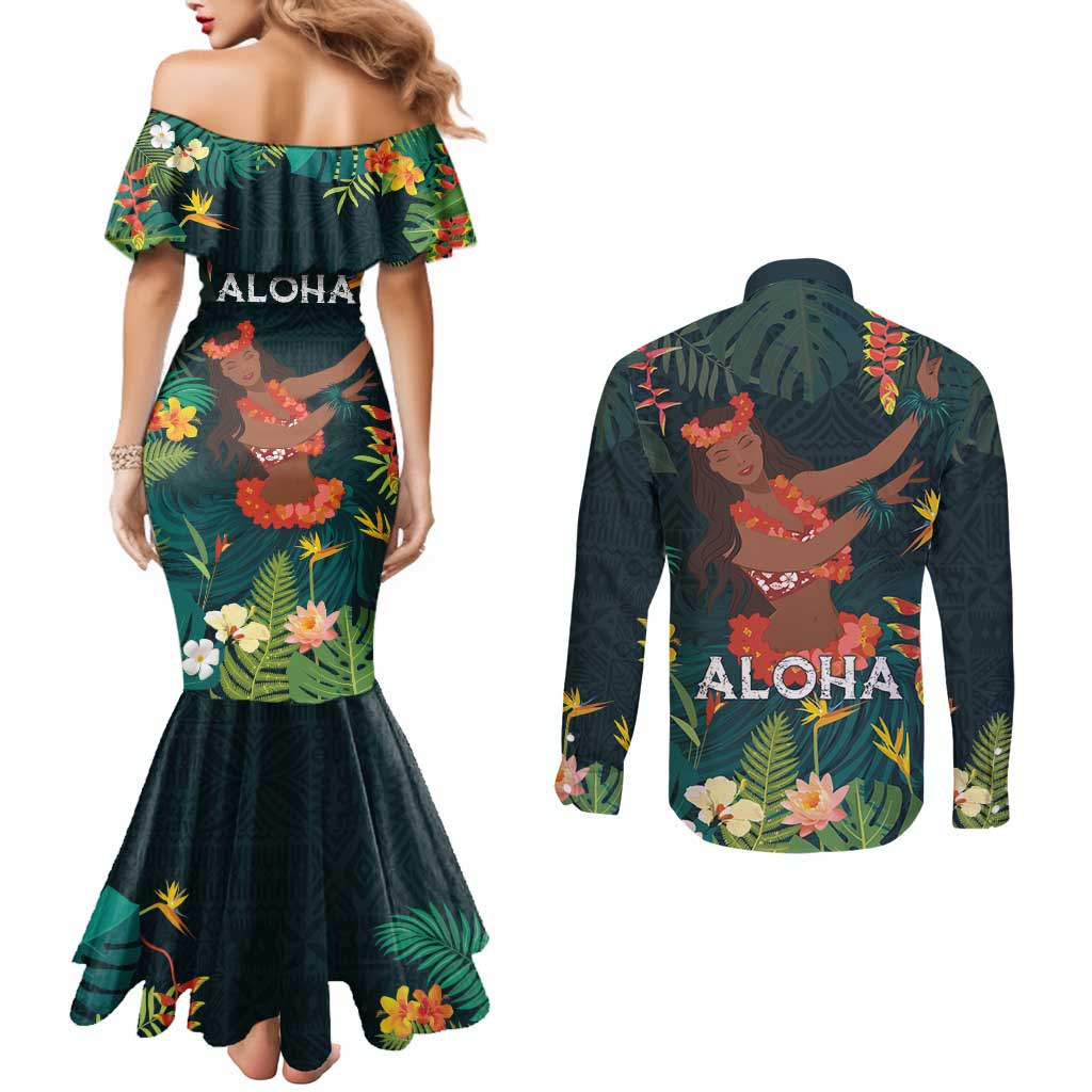 Hawaii Hula Girl Vintage Couples Matching Mermaid Dress and Long Sleeve Button Shirt Tropical Forest
