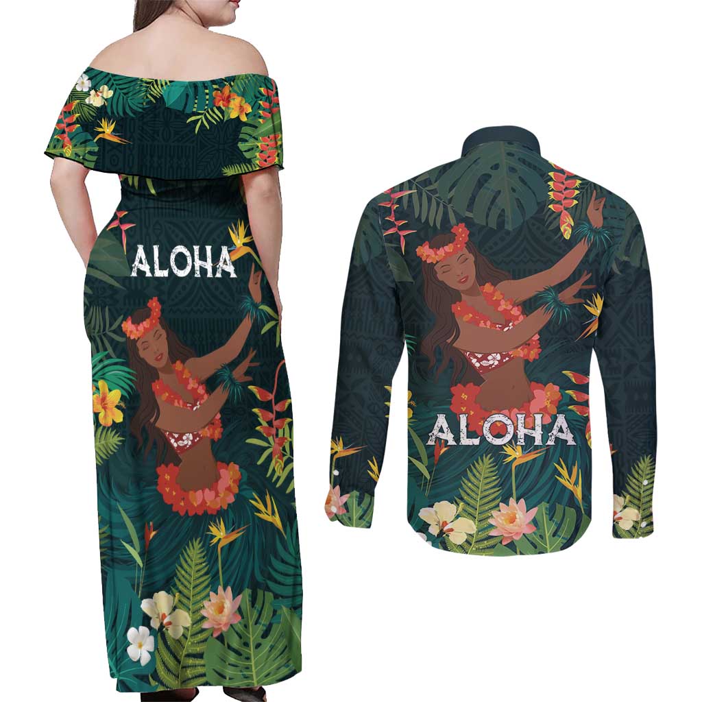 Hawaii Hula Girl Vintage Couples Matching Off Shoulder Maxi Dress and Long Sleeve Button Shirt Tropical Forest