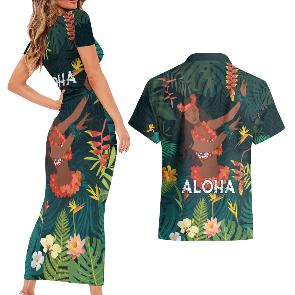 Hawaii Hula Girl Vintage Couples Matching Short Sleeve Bodycon Dress and Hawaiian Shirt Tropical Forest