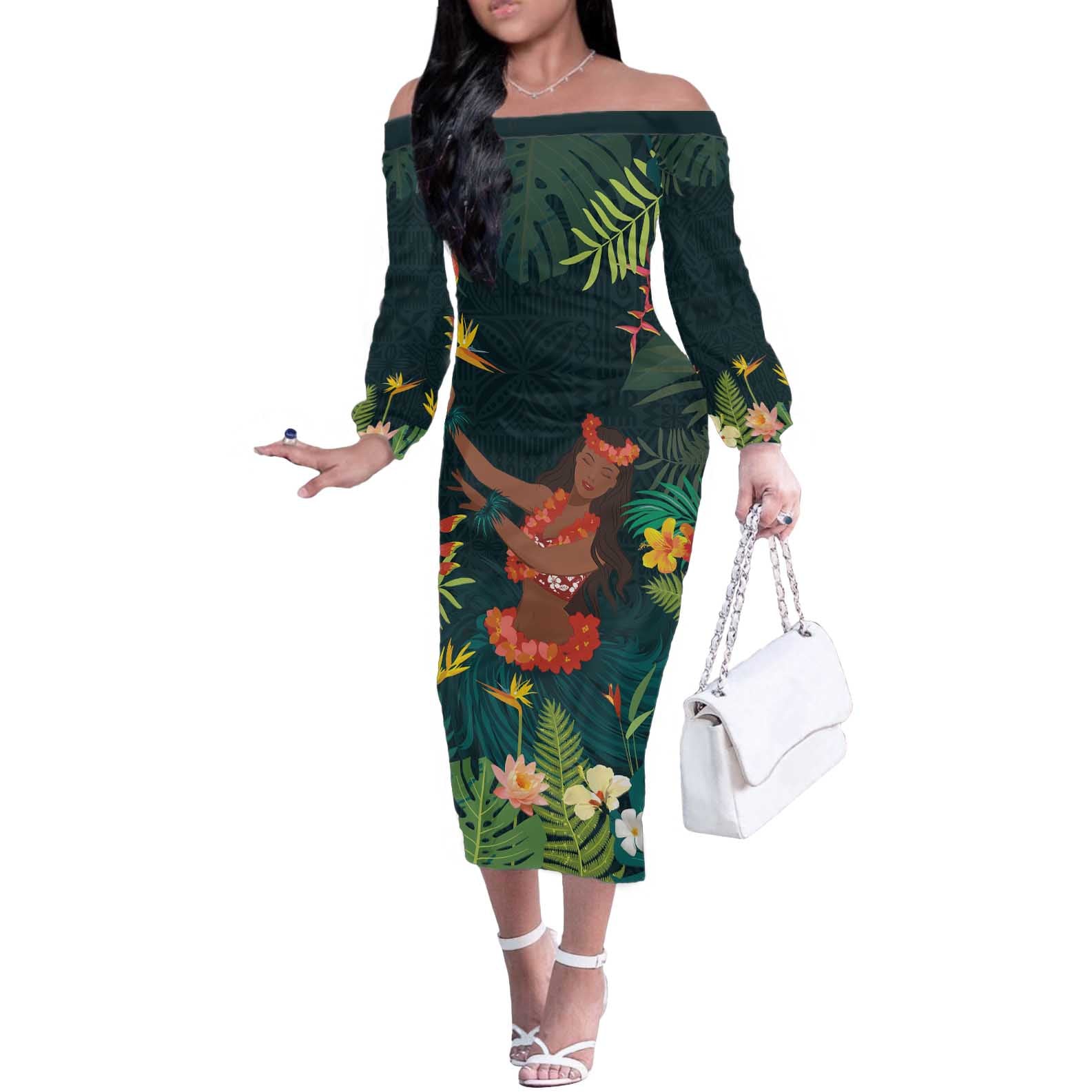 Hawaii Hula Girl Vintage Off The Shoulder Long Sleeve Dress Tropical Forest