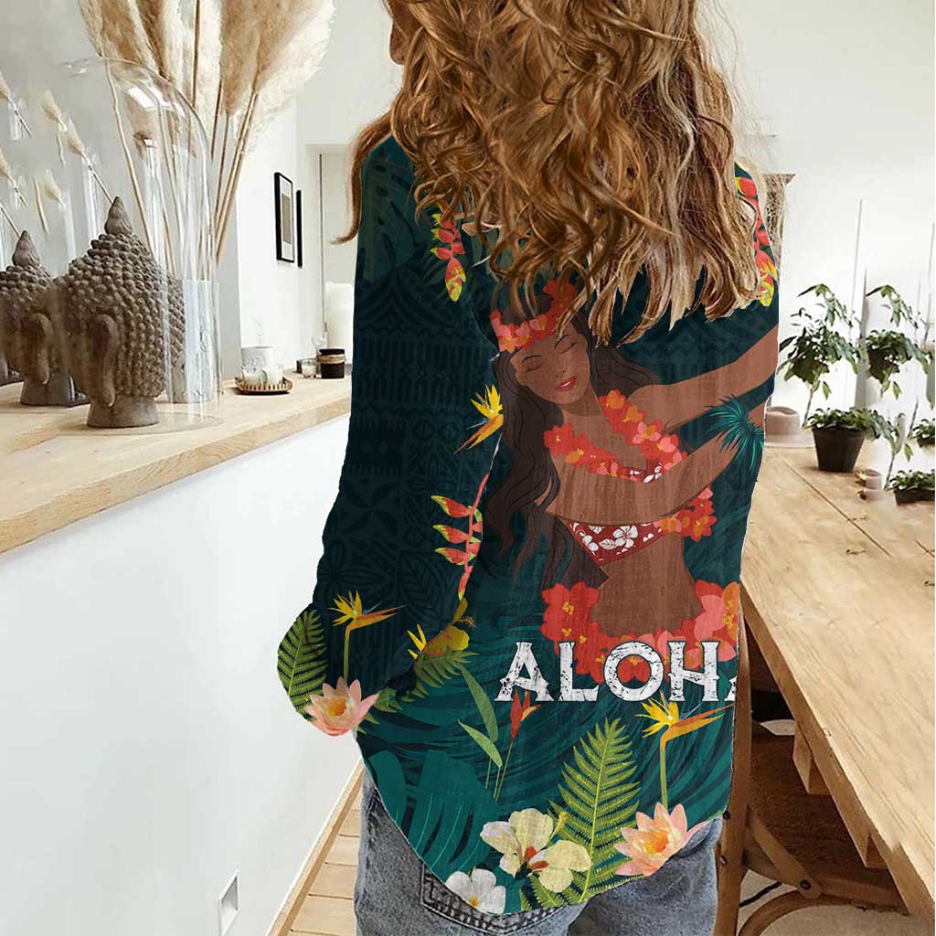 Hawaii Hula Girl Vintage Women Casual Shirt Tropical Forest