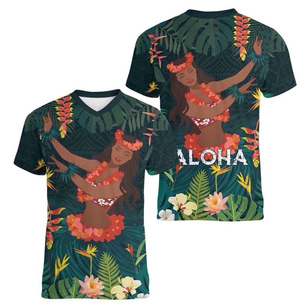 Hawaii Hula Girl Vintage Women V-Neck T-Shirt Tropical Forest