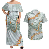 Hawaii Kaho'olawe Island Flowers Lei Couples Matching Off Shoulder Maxi Dress and Hawaiian Shirt Silver Hinahina Kū Kahakai