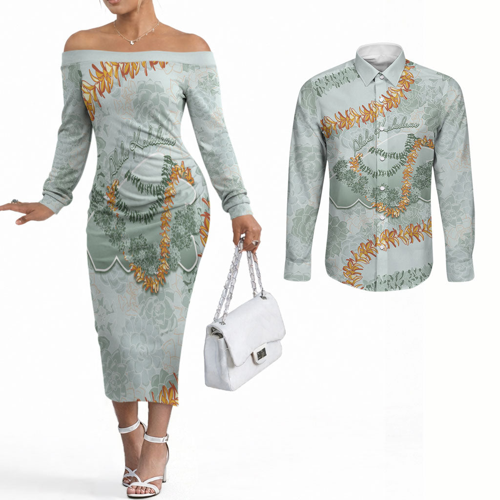 Hawaii Kaho'olawe Island Flowers Lei Couples Matching Off The Shoulder Long Sleeve Dress and Long Sleeve Button Shirt Silver Hinahina Kū Kahakai