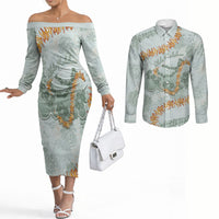 Hawaii Kaho'olawe Island Flowers Lei Couples Matching Off The Shoulder Long Sleeve Dress and Long Sleeve Button Shirt Silver Hinahina Kū Kahakai