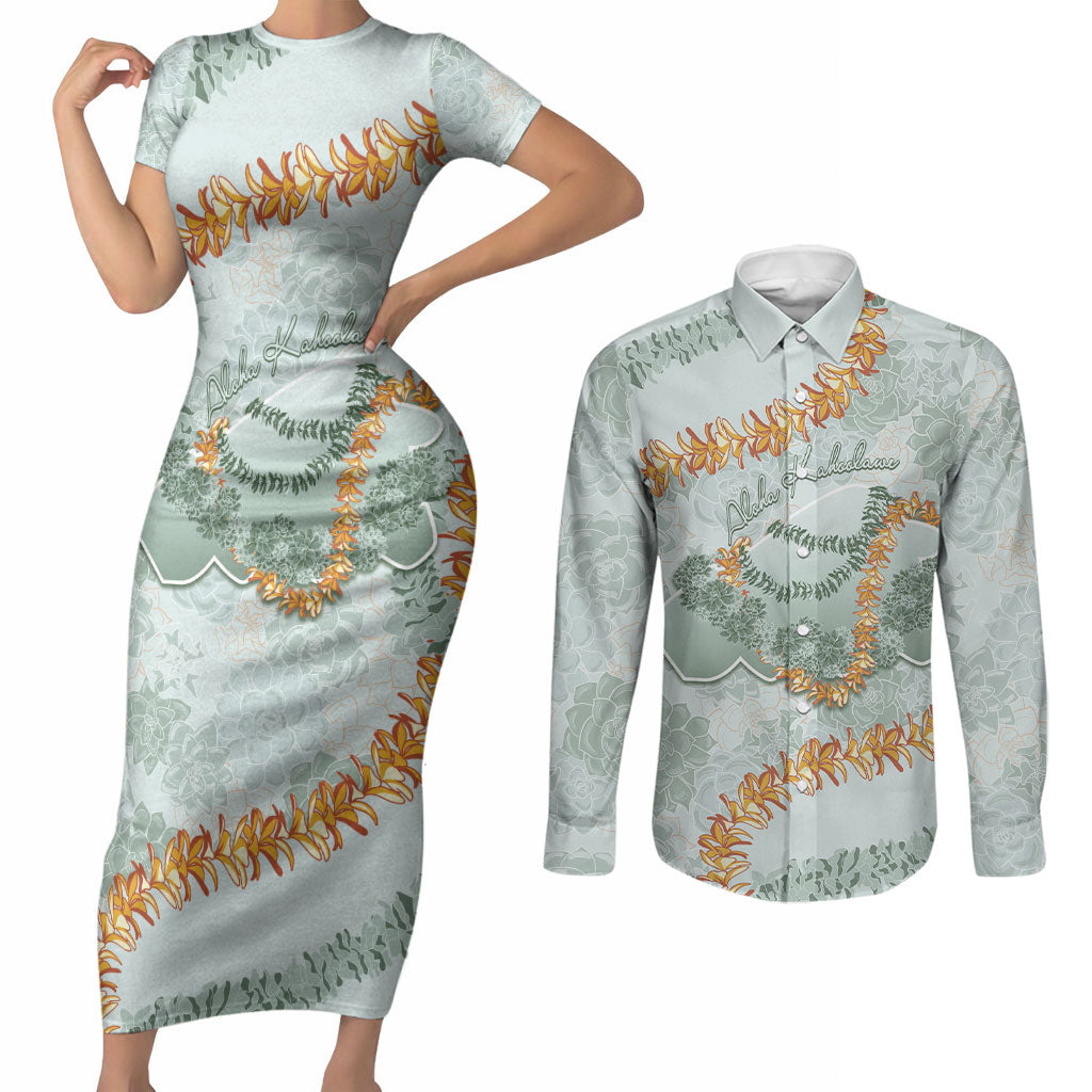 Hawaii Kaho'olawe Island Flowers Lei Couples Matching Short Sleeve Bodycon Dress and Long Sleeve Button Shirt Silver Hinahina Kū Kahakai