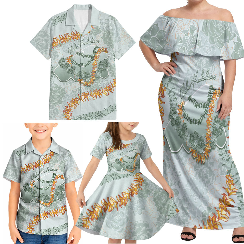Hawaii Kaho'olawe Island Flowers Lei Family Matching Off Shoulder Maxi Dress and Hawaiian Shirt Silver Hinahina Kū Kahakai LT7 - Polynesian Pride