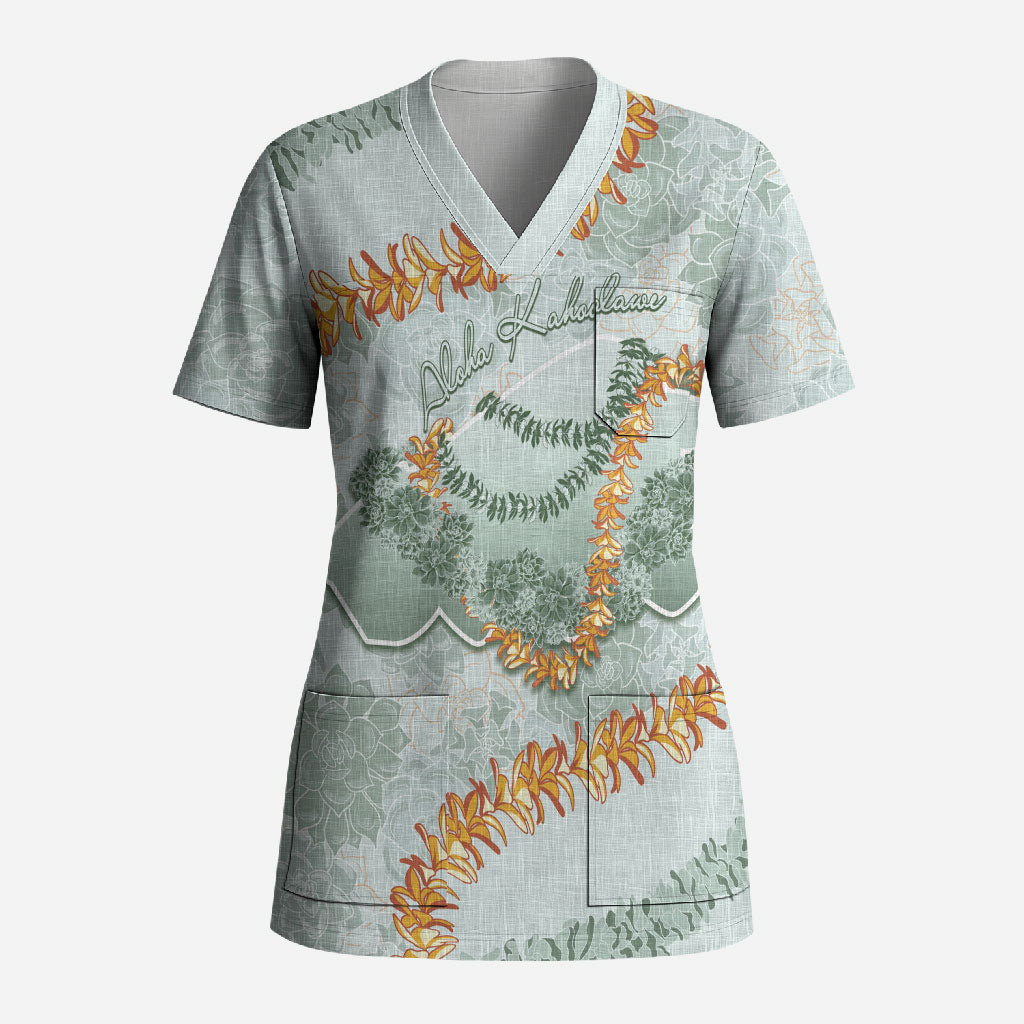 Hawaii Kaho'olawe Island Flowers Lei Scrub Top Silver Hinahina Kū Kahakai LT7 Adult Silver - Polynesian Pride