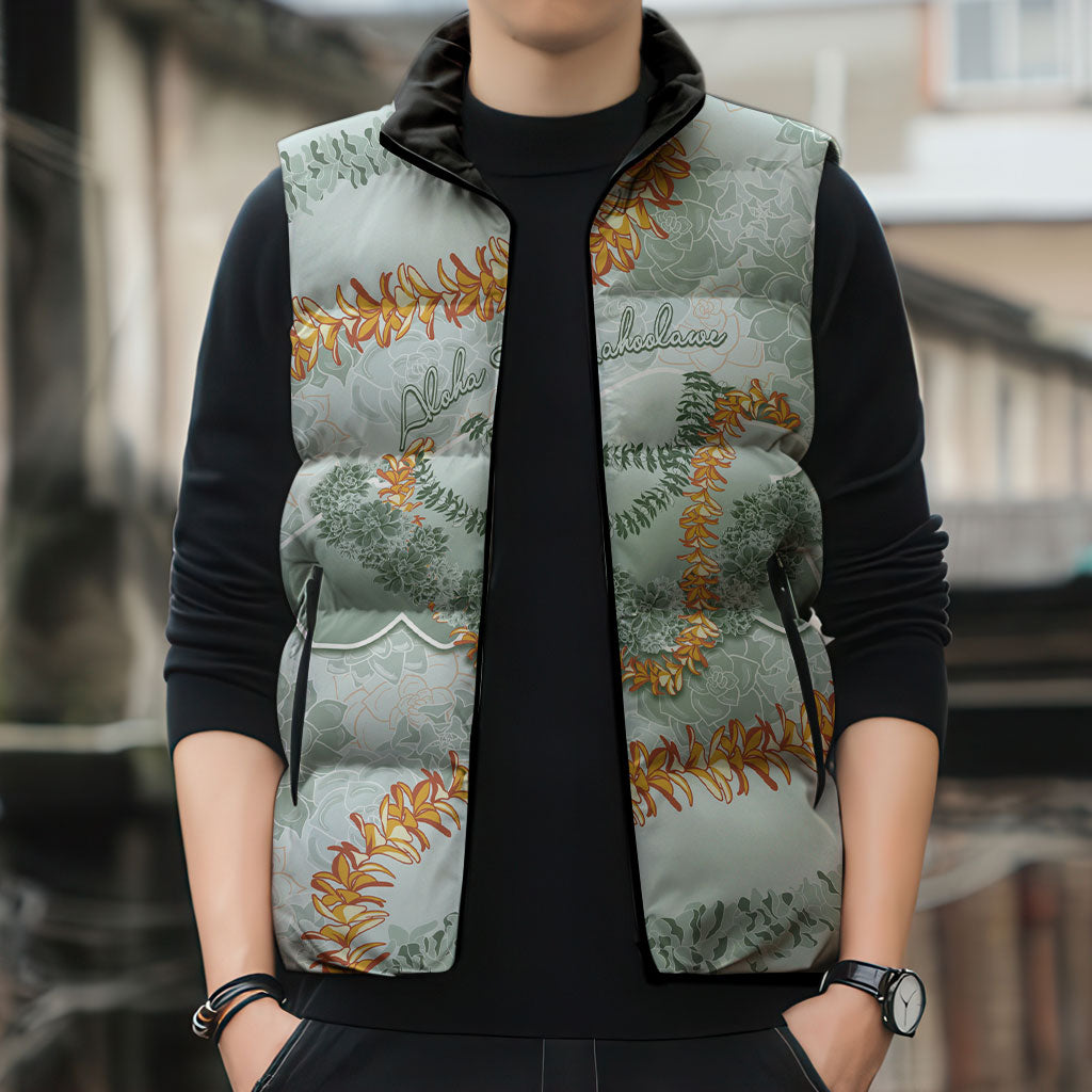 Hawaii Kaho'olawe Island Flowers Lei Sleeveless Puffer Jacket Silver Hinahina Kū Kahakai
