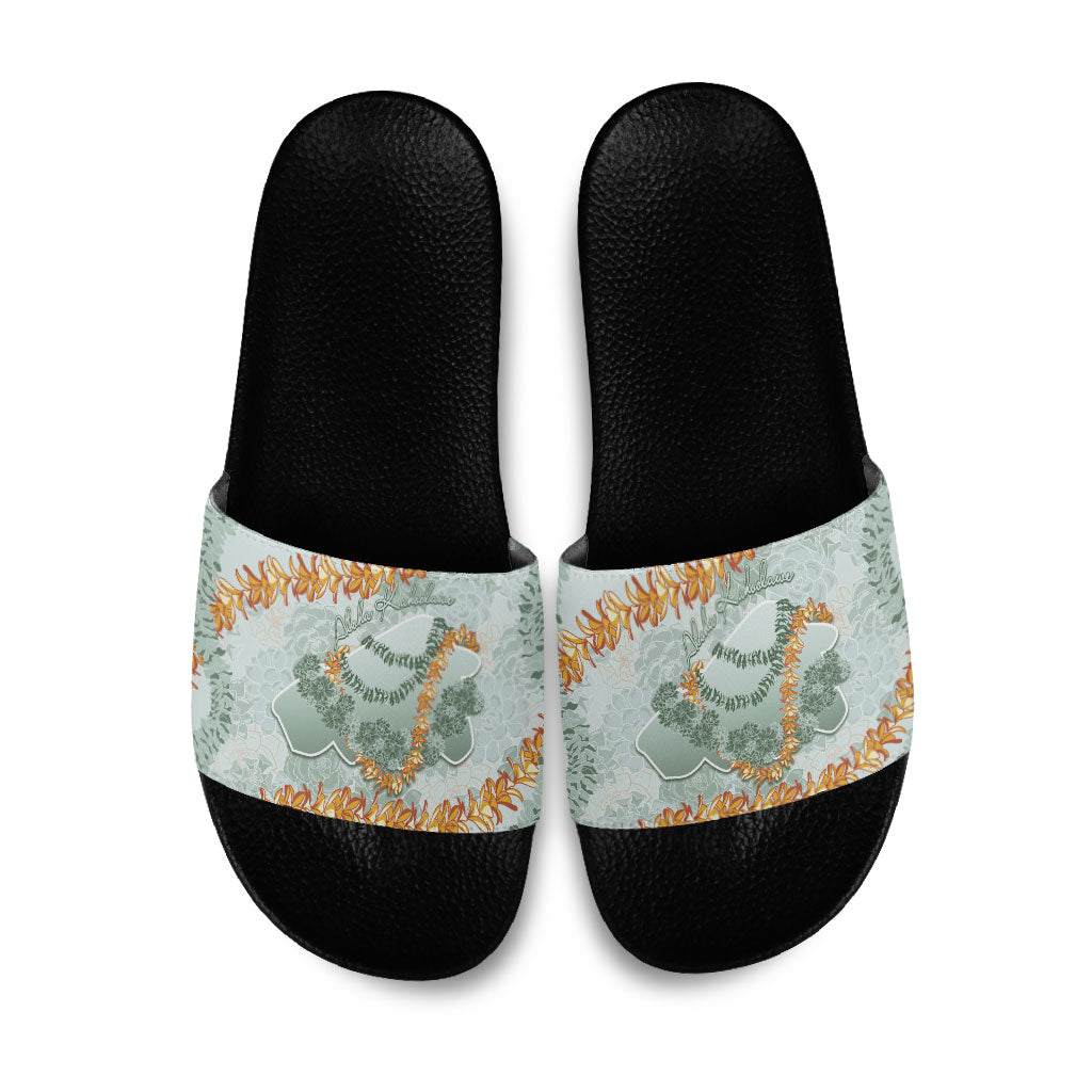 Hawaii Kaho'olawe Island Flowers Lei Slide Sandals Silver Hinahina Kū Kahakai