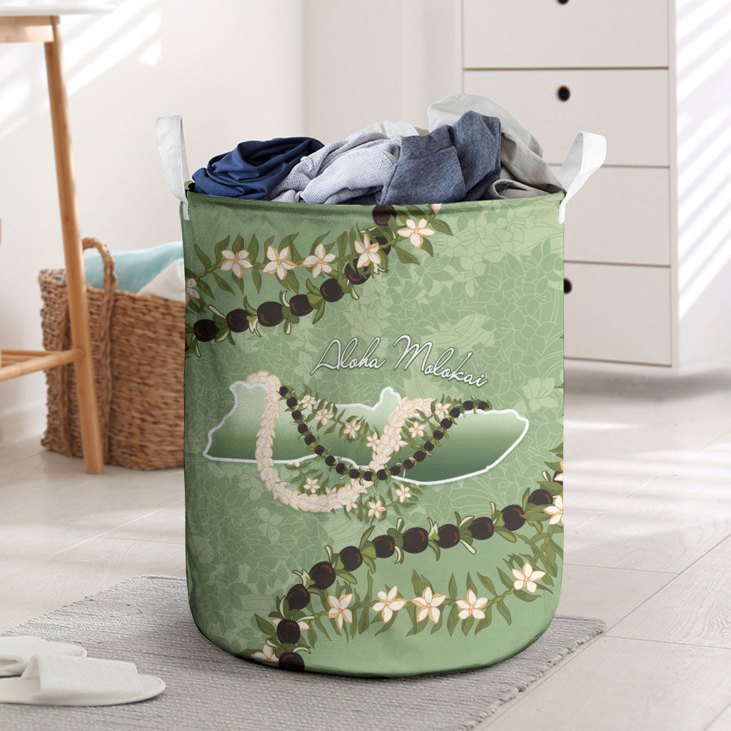 Hawaii Molokai Island Flowers Lei Laundry Basket Kukui Nut Mossy Green LT7 Moss Green - Polynesian Pride