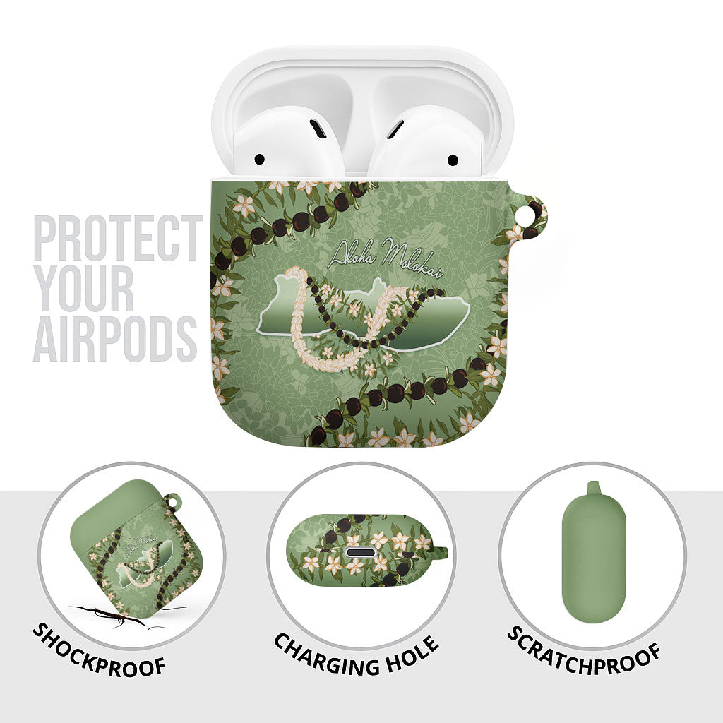 Hawaii Molokai Island Flowers Lei AirPods Case Kukui Nut Mossy Green