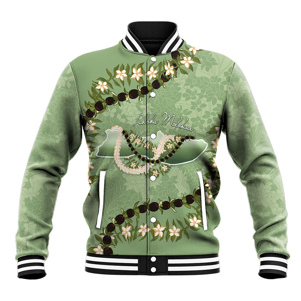Hawaii Molokai Island Flowers Lei Baseball Jacket Kukui Nut Mossy Green