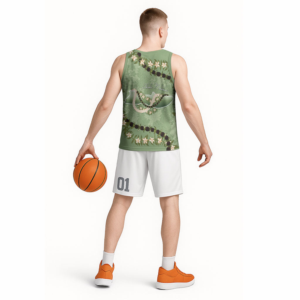 Hawaii Molokai Island Flowers Lei Basketball Jersey Kukui Nut Mossy Green