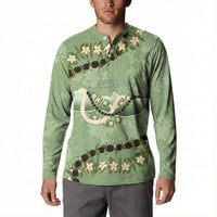 Hawaii Molokai Island Flowers Lei Button Sweatshirt Kukui Nut Mossy Green