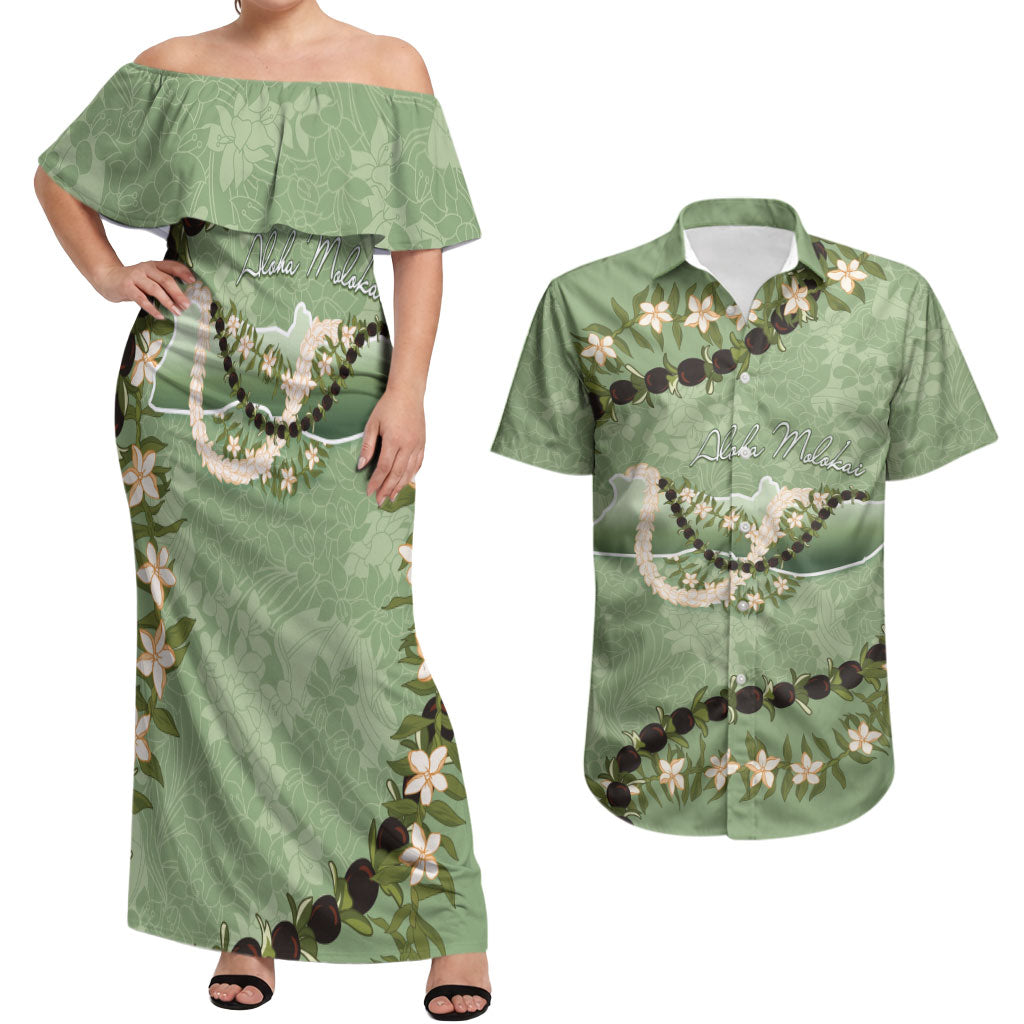Hawaii Molokai Island Flowers Lei Couples Matching Off Shoulder Maxi Dress and Hawaiian Shirt Kukui Nut Mossy Green
