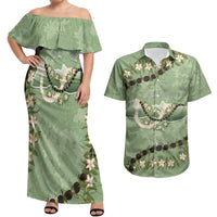 Hawaii Molokai Island Flowers Lei Couples Matching Off Shoulder Maxi Dress and Hawaiian Shirt Kukui Nut Mossy Green