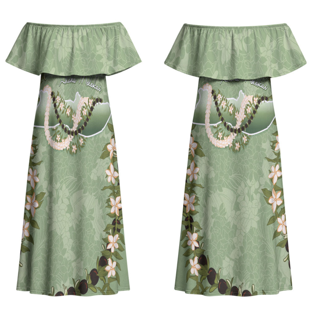 Hawaii Molokai Island Flowers Lei Couples Matching Off Shoulder Maxi Dress and Long Sleeve Button Shirt Kukui Nut Mossy Green