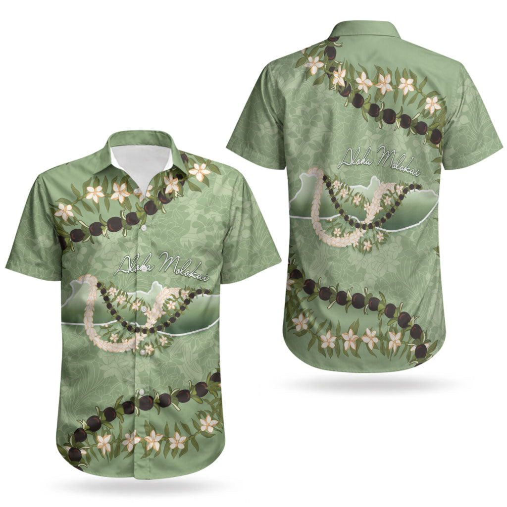 Hawaii Molokai Island Flowers Lei Couples Matching Off Shoulder Short Dress and Hawaiian Shirt Kukui Nut Mossy Green