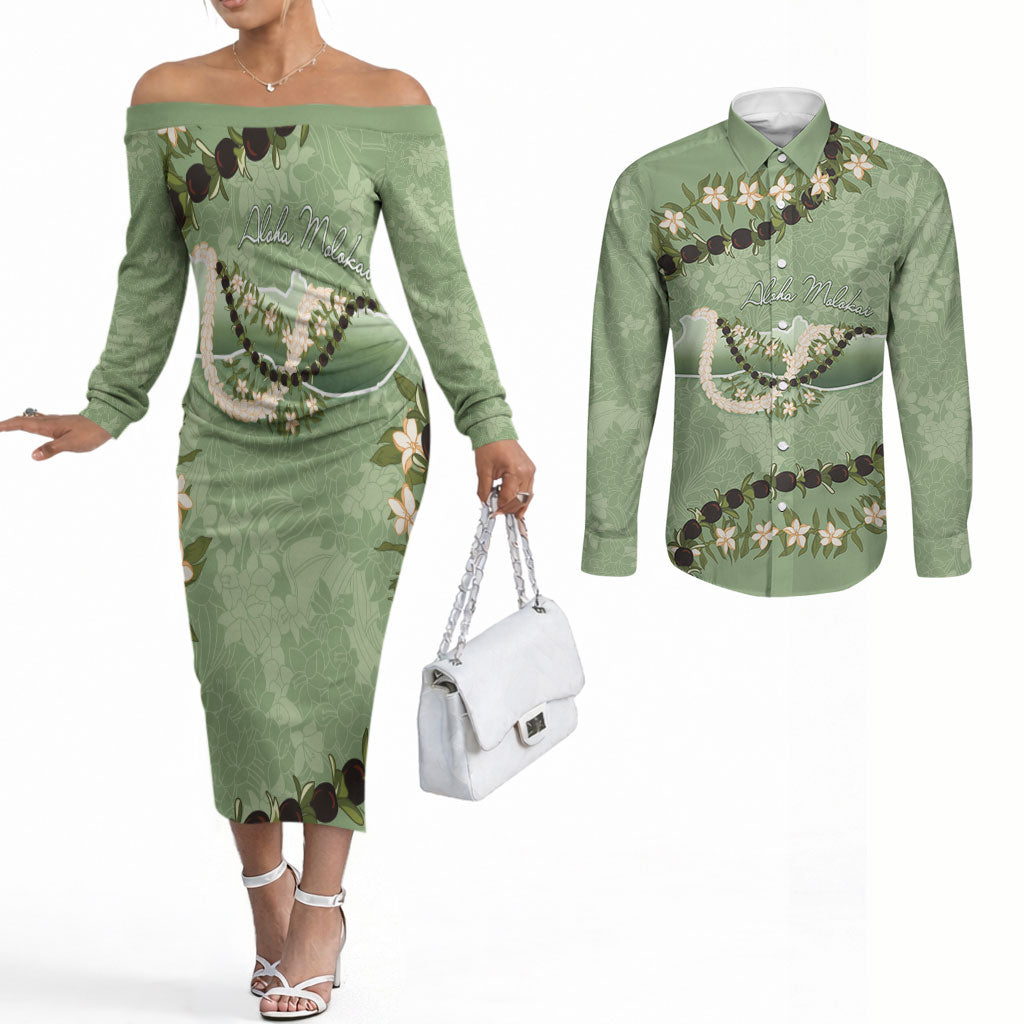 Hawaii Molokai Island Flowers Lei Couples Matching Off The Shoulder Long Sleeve Dress and Long Sleeve Button Shirt Kukui Nut Mossy Green LT7 Moss Green - Polynesian Pride