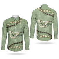 Hawaii Molokai Island Flowers Lei Couples Matching Puletasi and Long Sleeve Button Shirt Kukui Nut Mossy Green