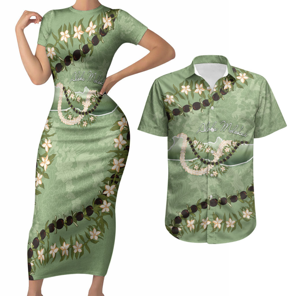 Hawaii Molokai Island Flowers Lei Couples Matching Short Sleeve Bodycon Dress and Hawaiian Shirt Kukui Nut Mossy Green LT7 Moss Green - Polynesian Pride
