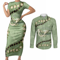 Hawaii Molokai Island Flowers Lei Couples Matching Short Sleeve Bodycon Dress and Long Sleeve Button Shirt Kukui Nut Mossy Green