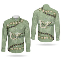 Hawaii Molokai Island Flowers Lei Couples Matching Short Sleeve Bodycon Dress and Long Sleeve Button Shirt Kukui Nut Mossy Green