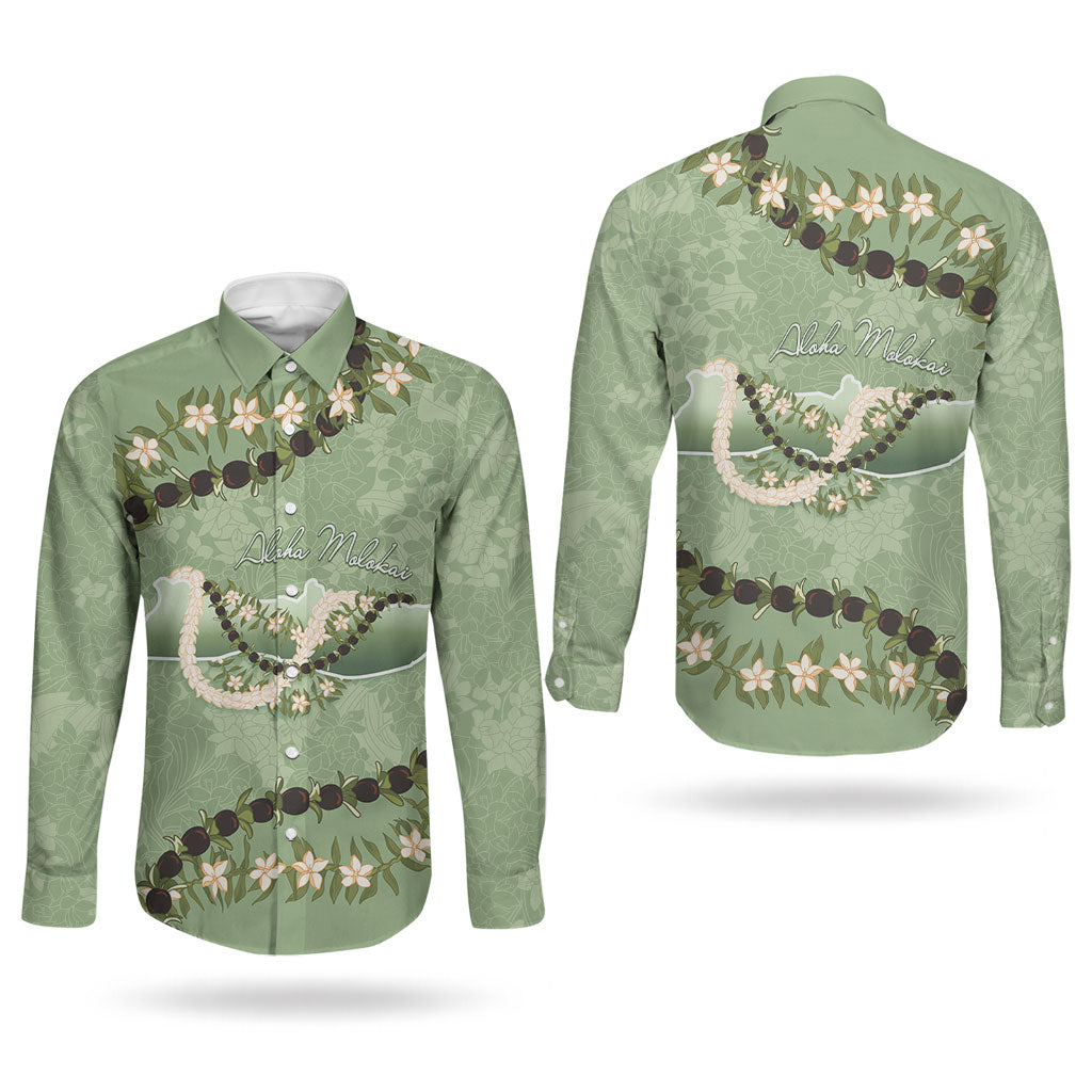 Hawaii Molokai Island Flowers Lei Couples Matching Tank Maxi Dress and Long Sleeve Button Shirt Kukui Nut Mossy Green