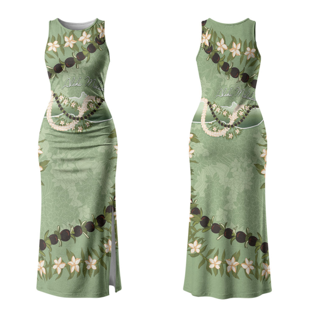 Hawaii Molokai Island Flowers Lei Couples Matching Tank Maxi Dress and Long Sleeve Button Shirt Kukui Nut Mossy Green