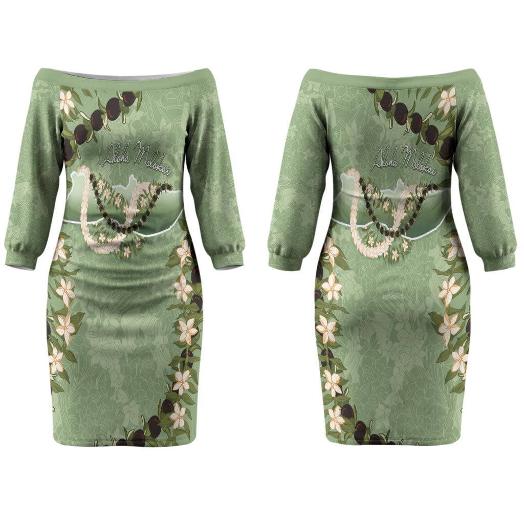 Hawaii Molokai Island Flowers Lei Family Matching Off The Shoulder Long Sleeve Dress and Hawaiian Shirt Kukui Nut Mossy Green