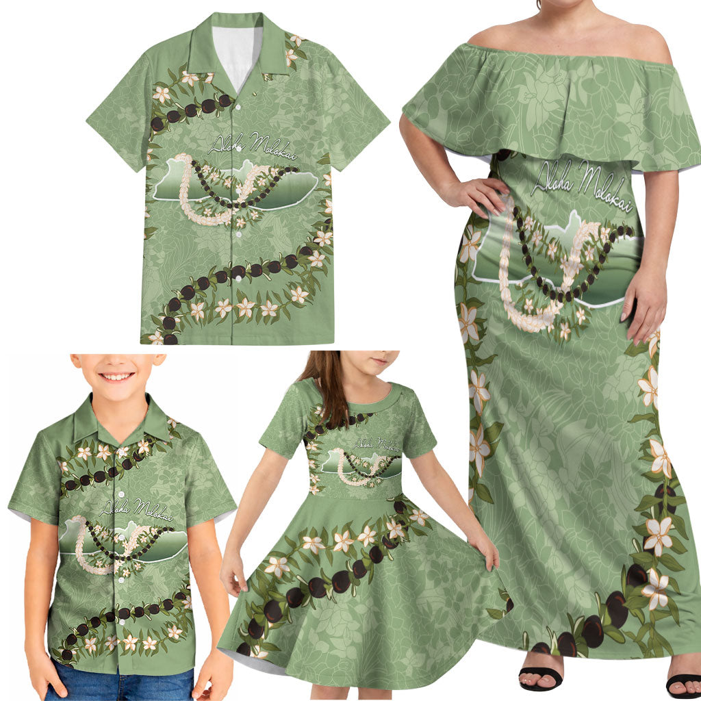 Hawaii Molokai Island Flowers Lei Family Matching Off Shoulder Maxi Dress and Hawaiian Shirt Kukui Nut Mossy Green LT7 - Polynesian Pride