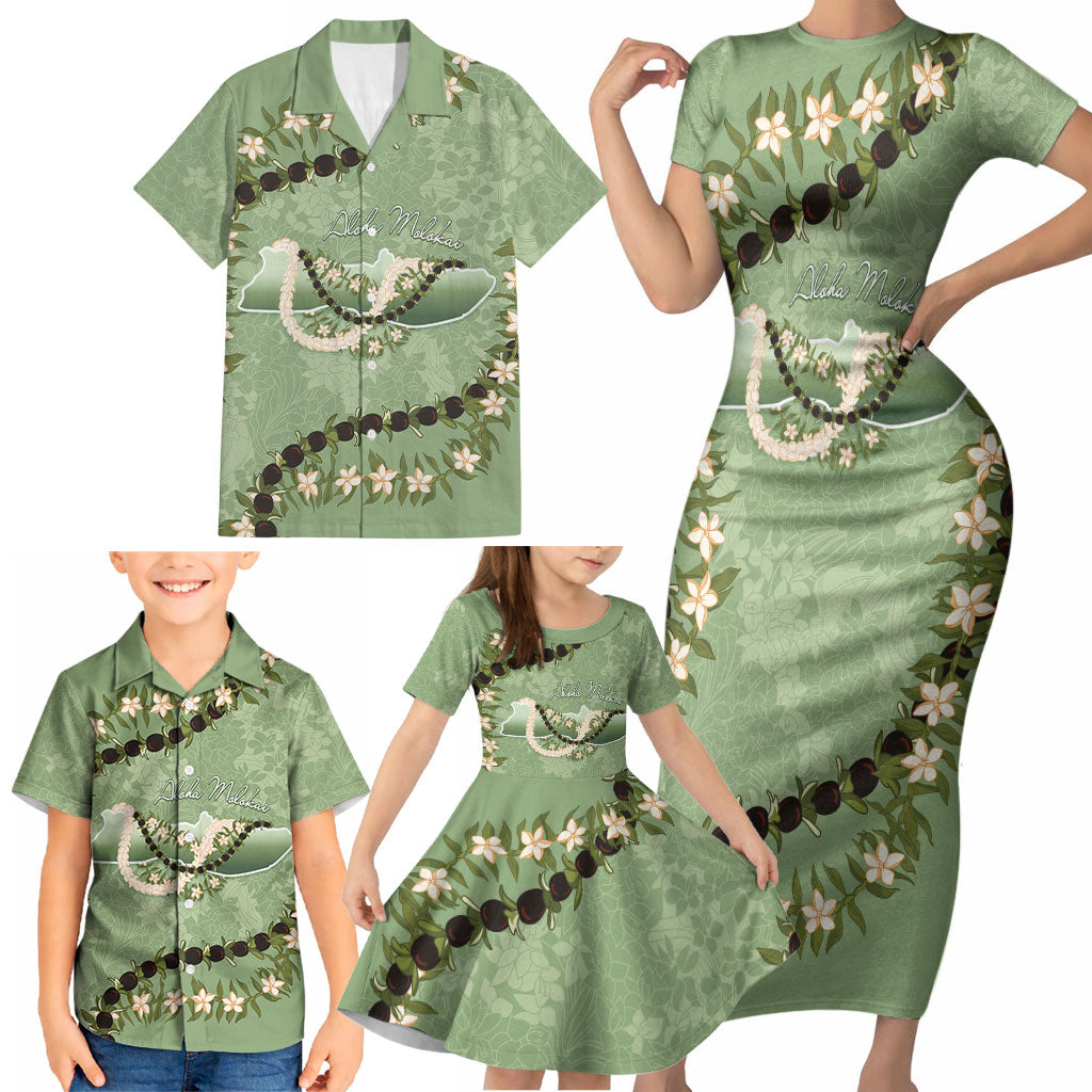 Hawaii Molokai Island Flowers Lei Family Matching Short Sleeve Bodycon Dress and Hawaiian Shirt Kukui Nut Mossy Green LT7 - Polynesian Pride