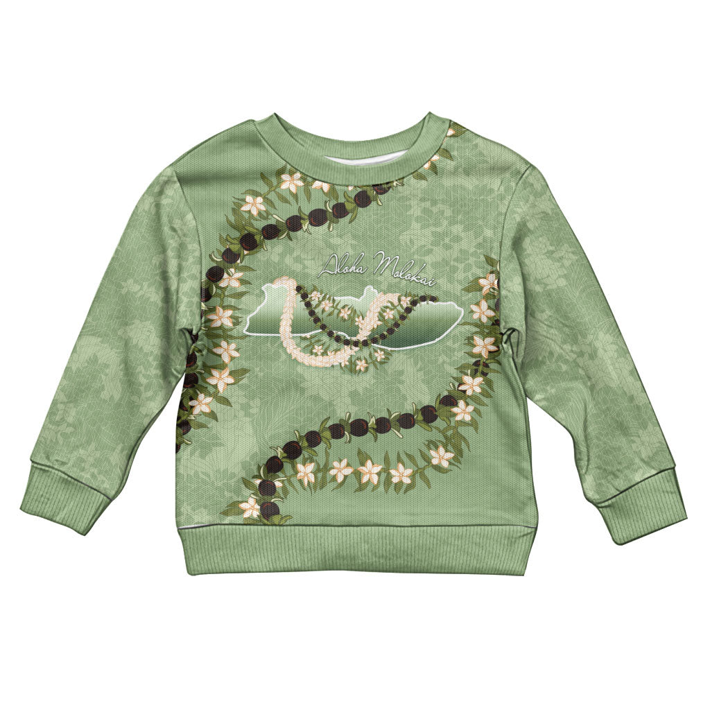 Hawaii Molokai Island Flowers Lei Kid Ugly Christmas Sweater Kukui Nut Mossy Green LT7 Kid Moss Green - Polynesian Pride