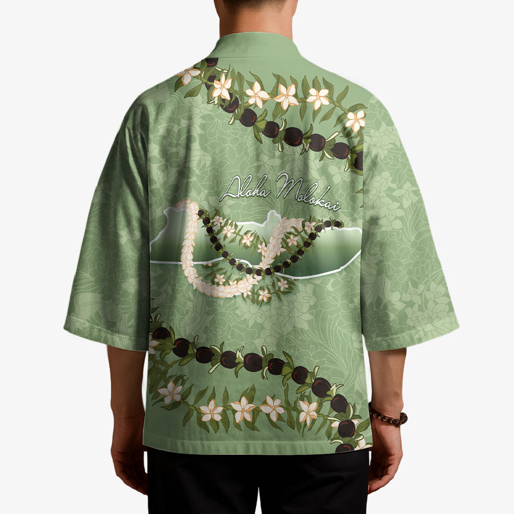 Hawaii Molokai Island Flowers Lei Kimono Kukui Nut Mossy Green
