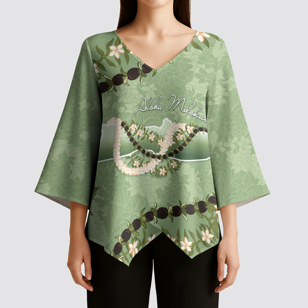 Hawaii Molokai Island Flowers Lei Kimono Sleeve Blouse Kukui Nut Mossy Green