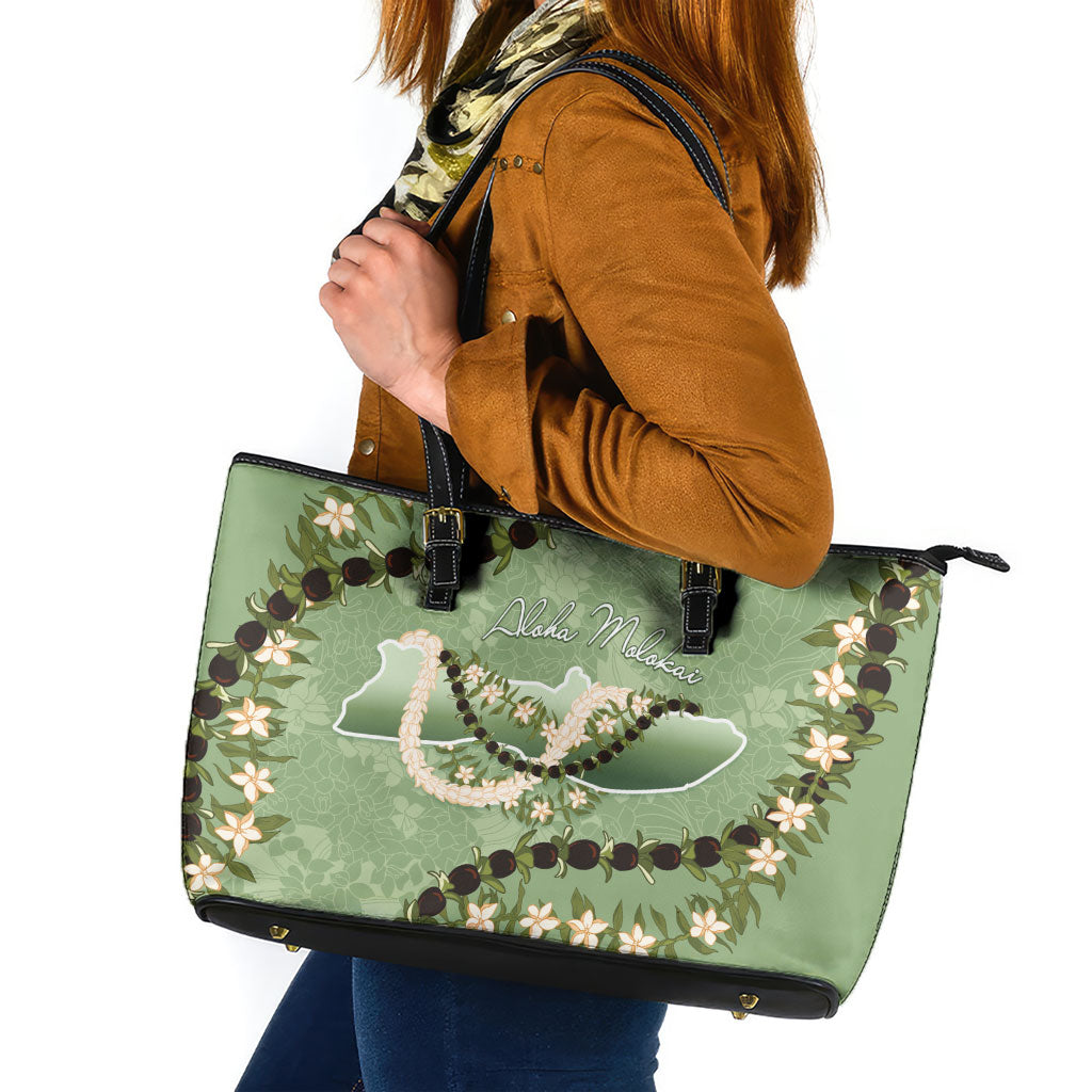 Hawaii Molokai Island Flowers Lei Leather Tote Bag Kukui Nut Mossy Green