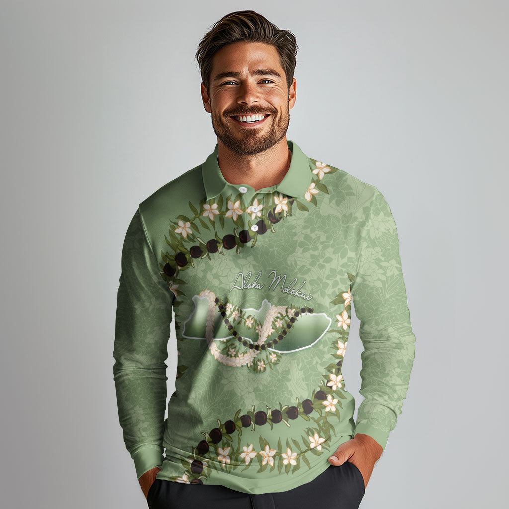 Hawaii Molokai Island Flowers Lei Long Sleeve Polo Shirt Kukui Nut Mossy Green