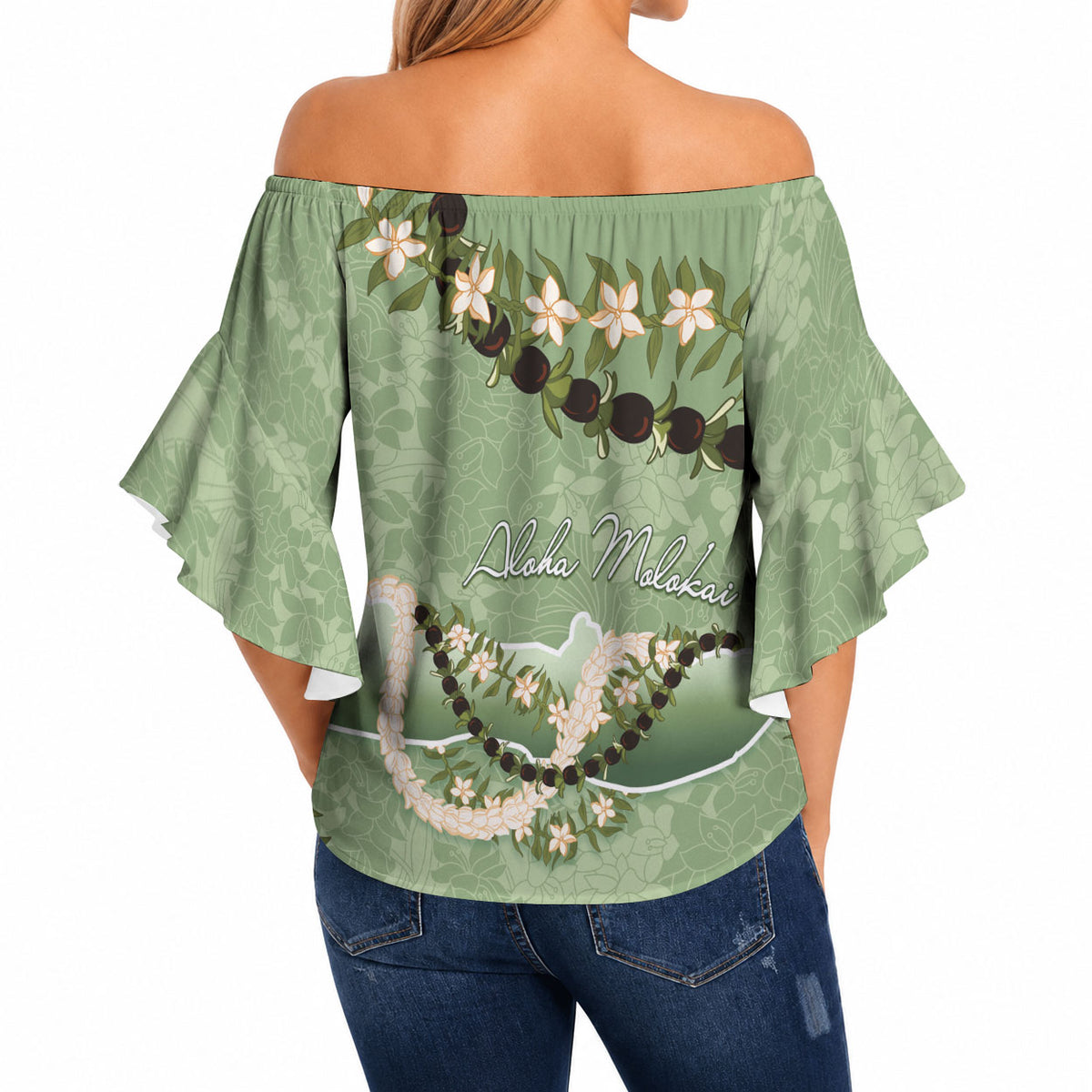 Hawaii Molokai Island Flowers Lei Off Shoulder Wrap Waist Top Kukui Nut Mossy Green LT7 - Polynesian Pride