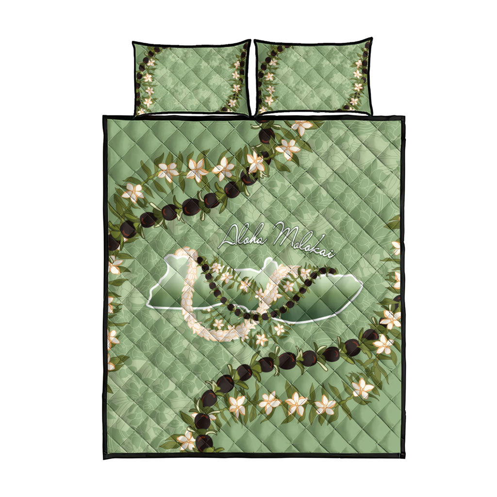 Hawaii Molokai Island Flowers Lei Quilt Bed Set Kukui Nut Mossy Green